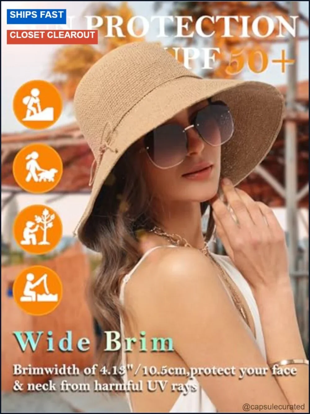 Straw Bucket Hat Wide Brim UPF 50+ Packable Women's Sun Hat